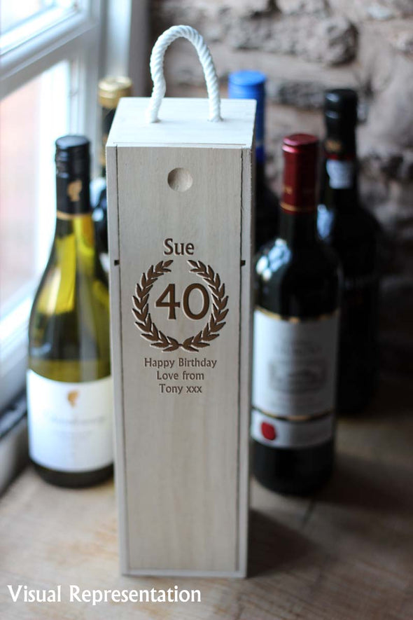 Personalised Single Wooden 40th birthday wine box, includes a choice of wine.